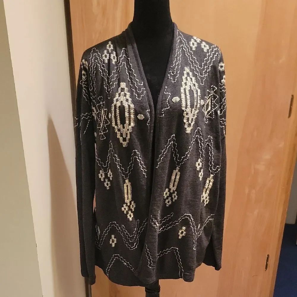 Lucky Brand Charcoal and Cream Geometric Cardigan Sz L